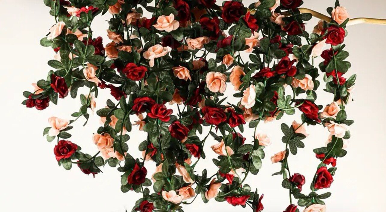 Artificial Flower Garland, Fake Burgundy Peach Roses Vines Silk Flowers Faux Rose Arch Vines for Flower Wall Backdrop Wedding Mothers Day Garden Tea Party Decoration